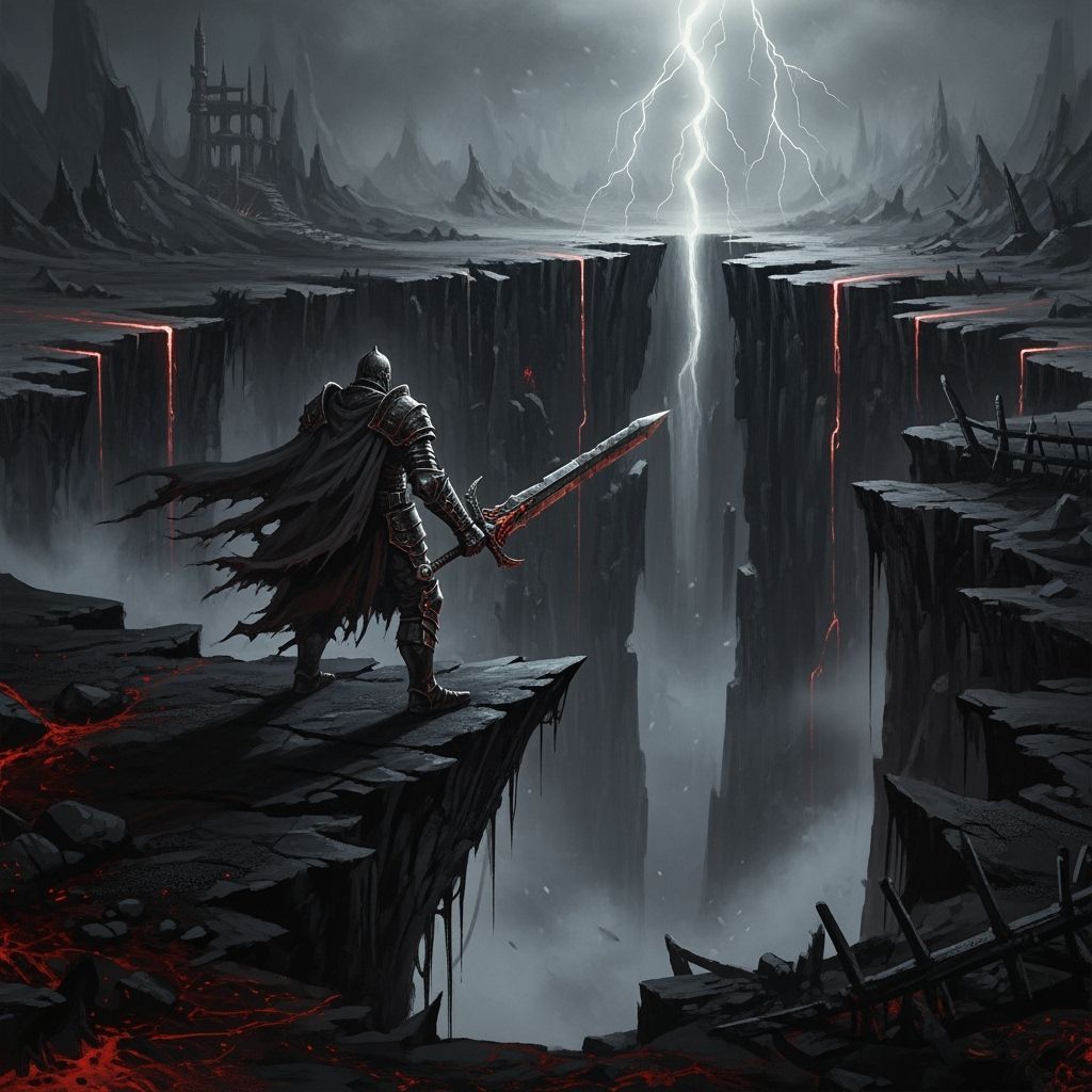Grimdark Warrior Defies Abyss in Ominous Landscape