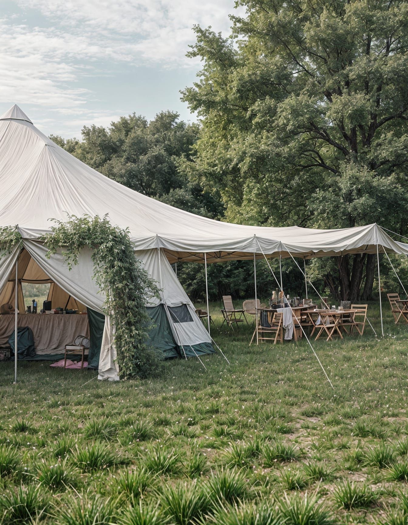 Hyper-Realistic Panorama of Camping Tents in a Field