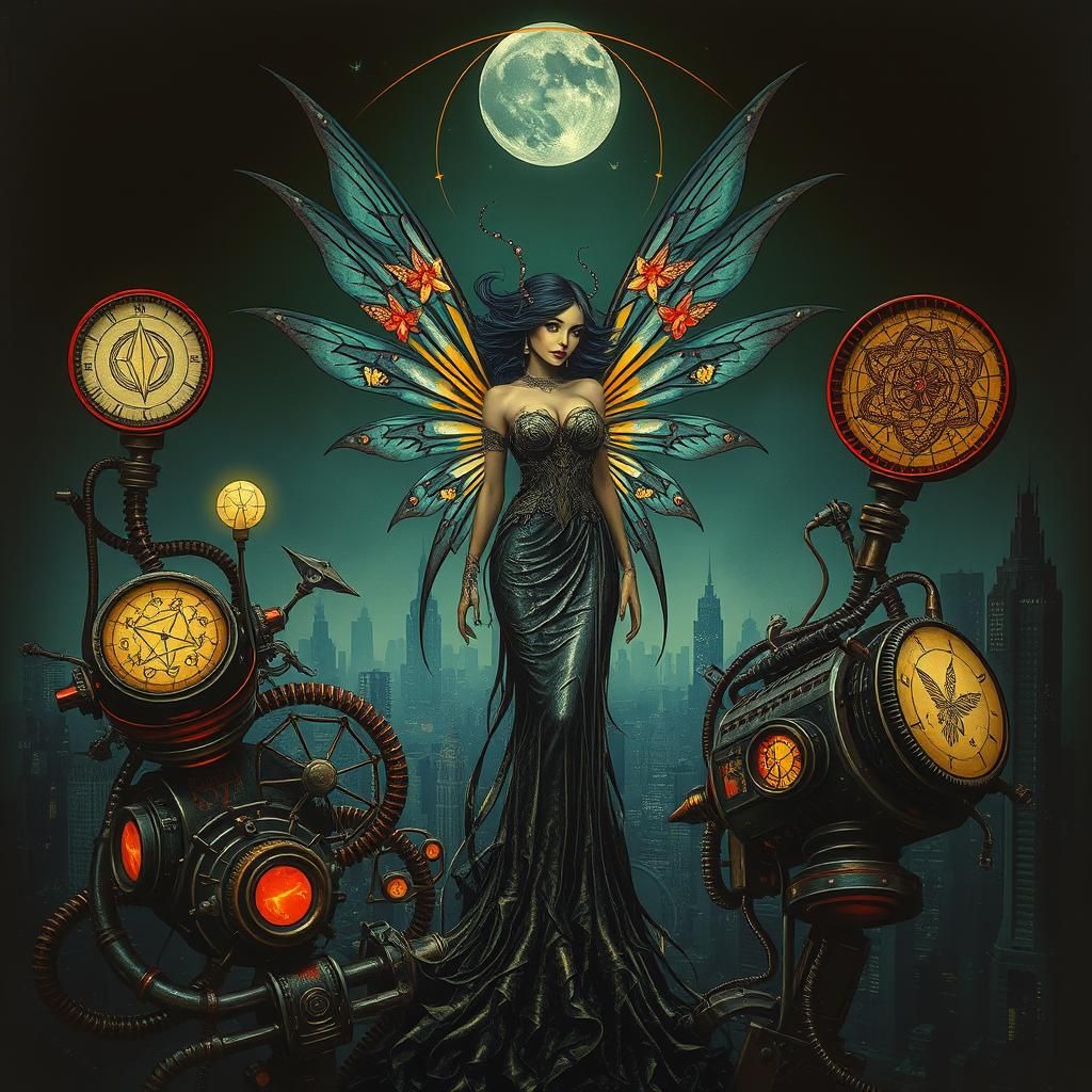 Dystopian Art Deco Fairy in Heavy Metal Style