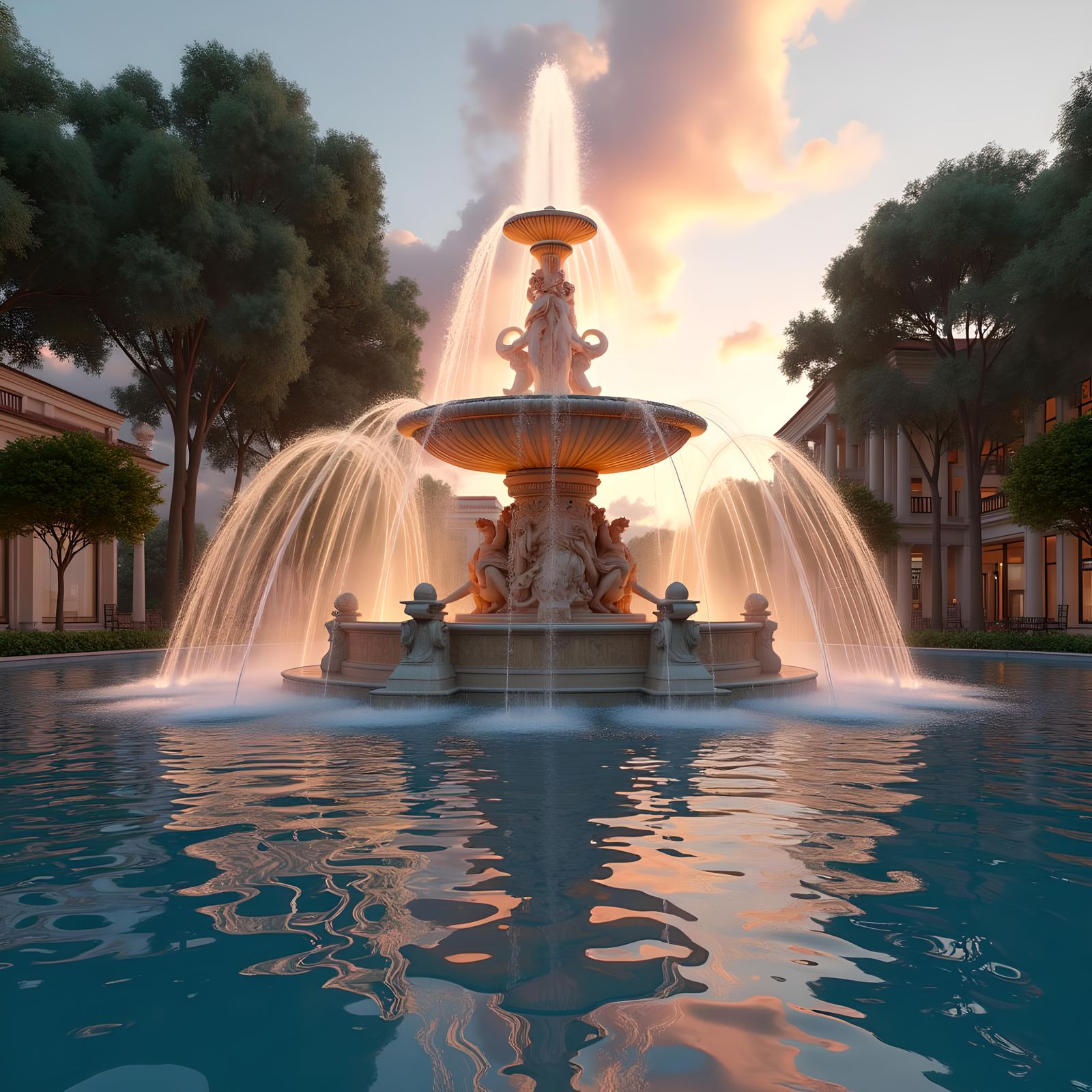 Ultra realistic and ultra detailed picture of an intricate fountains with over 20 differents jet and several cascades. 8...