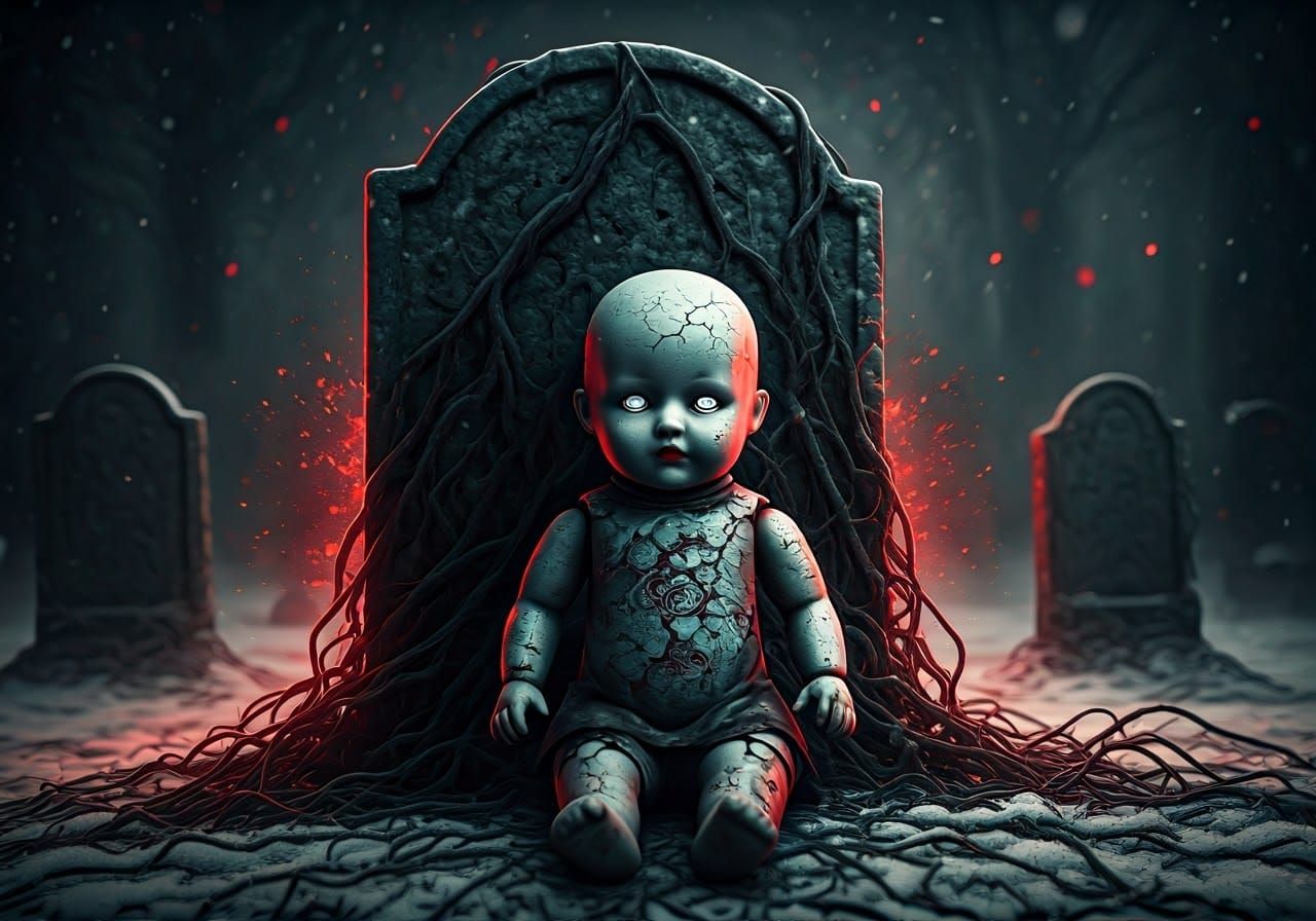 Creepy China Doll with Gravestone in Digital Art