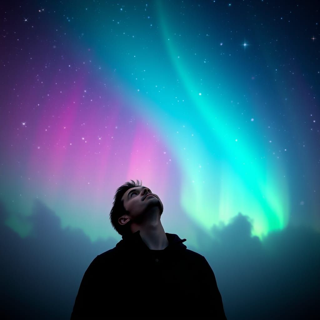 Man Gazing at Aurora Borealis in Ethereal Style