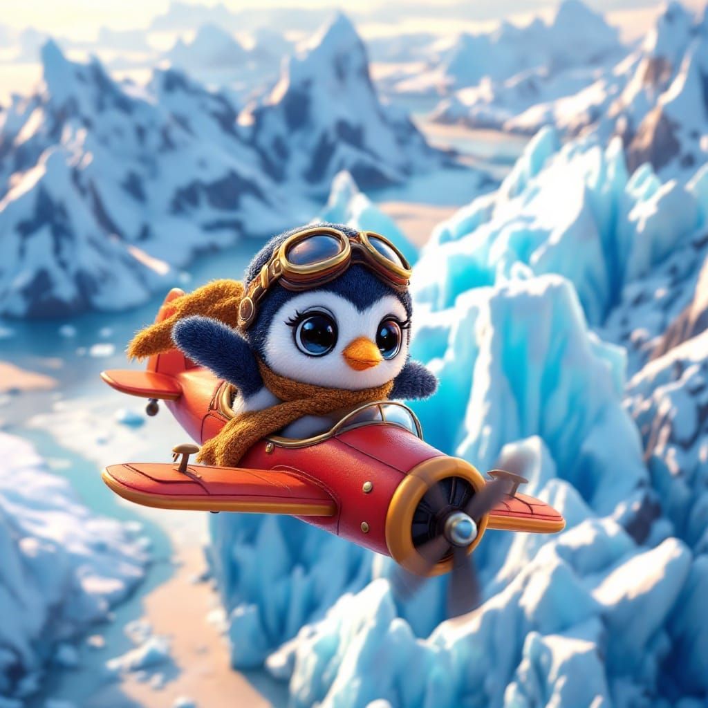 Surreal Crocheted Penguin Soars Over Majestic Arctic Icefloe...