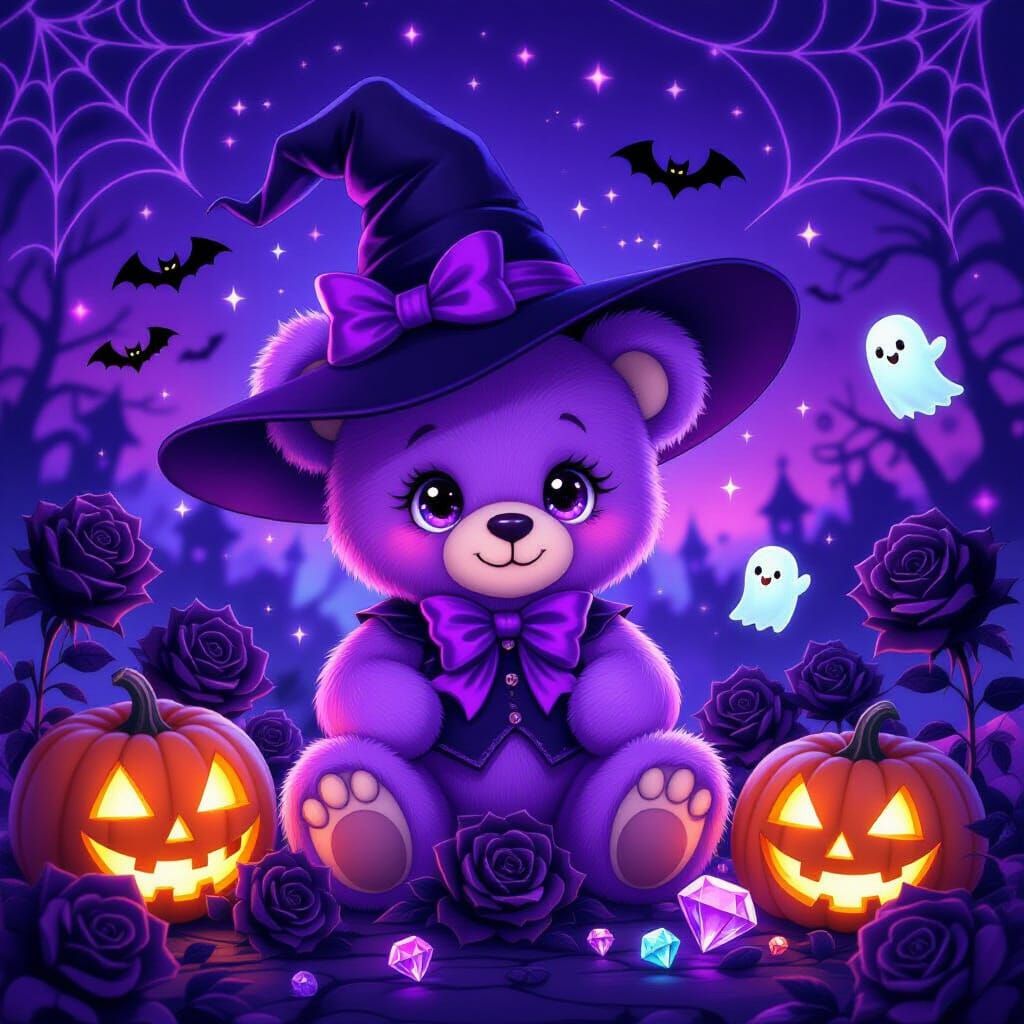 Kawaii Purple Teddy Bear Witch Halloween Art