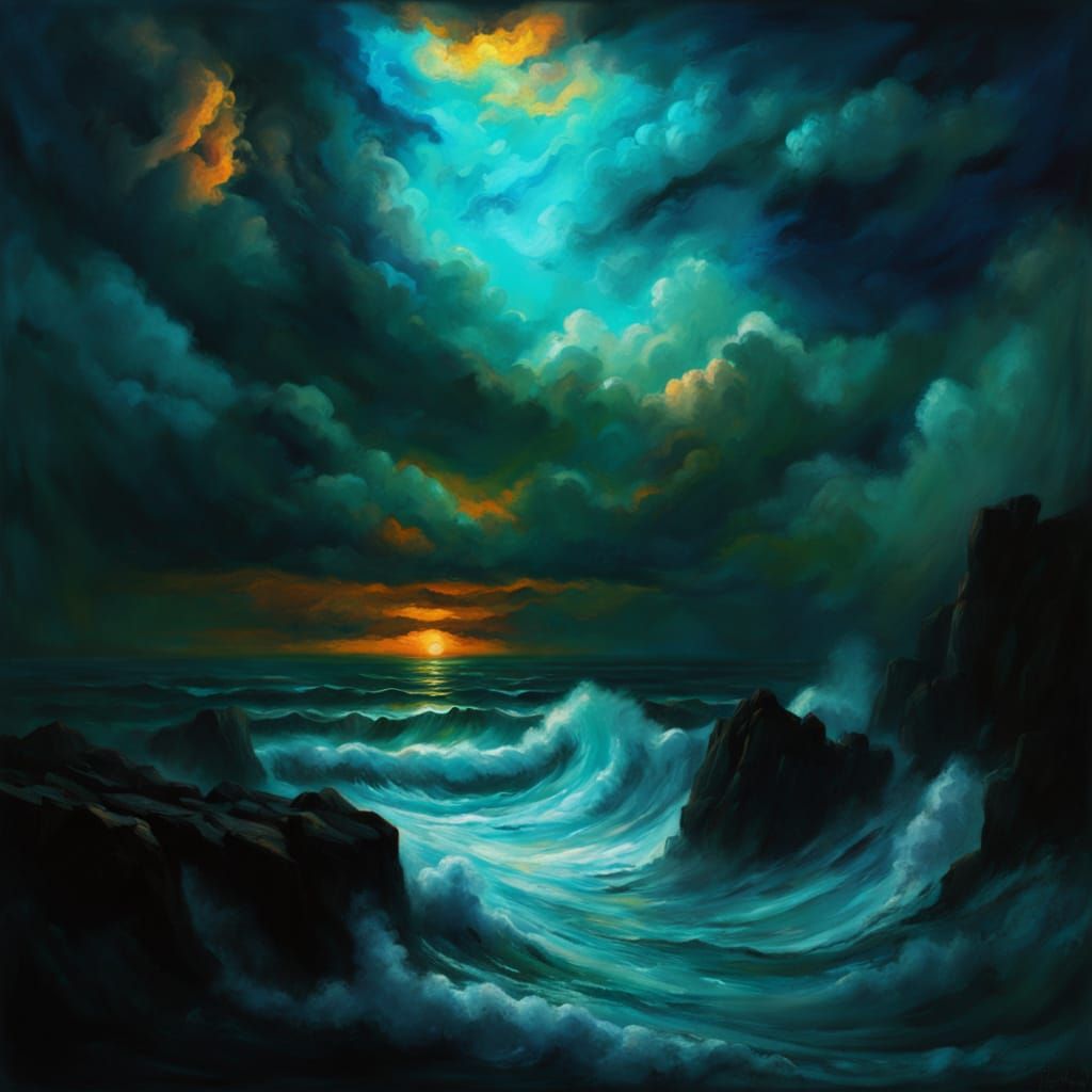 Surreal Dreamscape With Stormy Sea And Celestial Sky