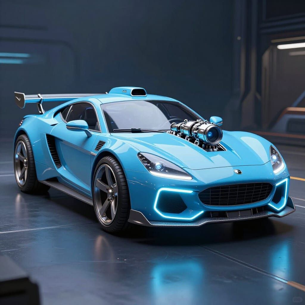 Cyberpunk Neon Blue Car Time Machine with Warp Engine