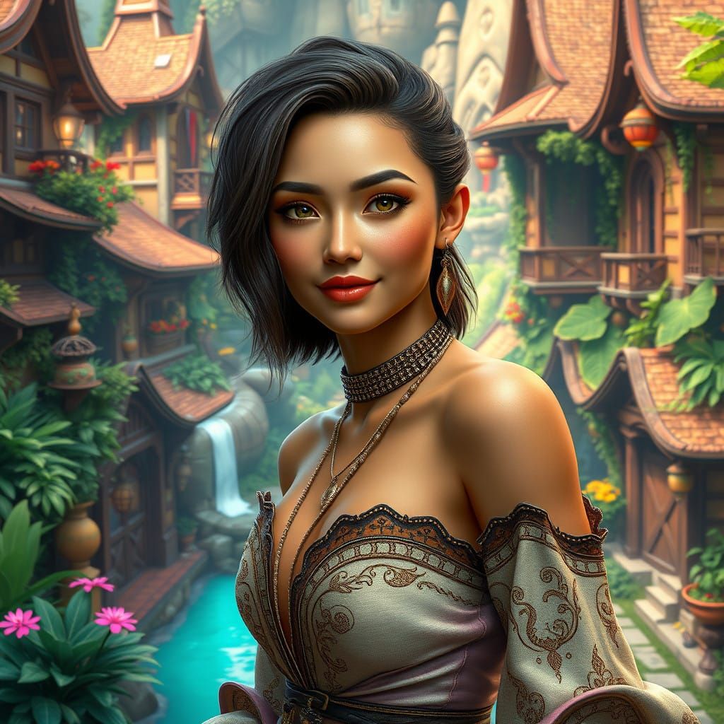 Serene Solarpunk Beauty amidst Whimsical Village