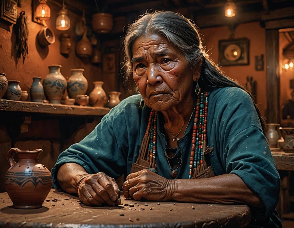 Native Woman in Pueblo Saloon at Night