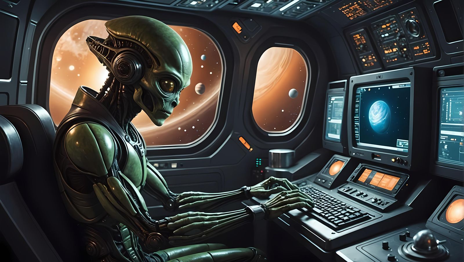 Retro Spaceship Scene with Alien Computer User