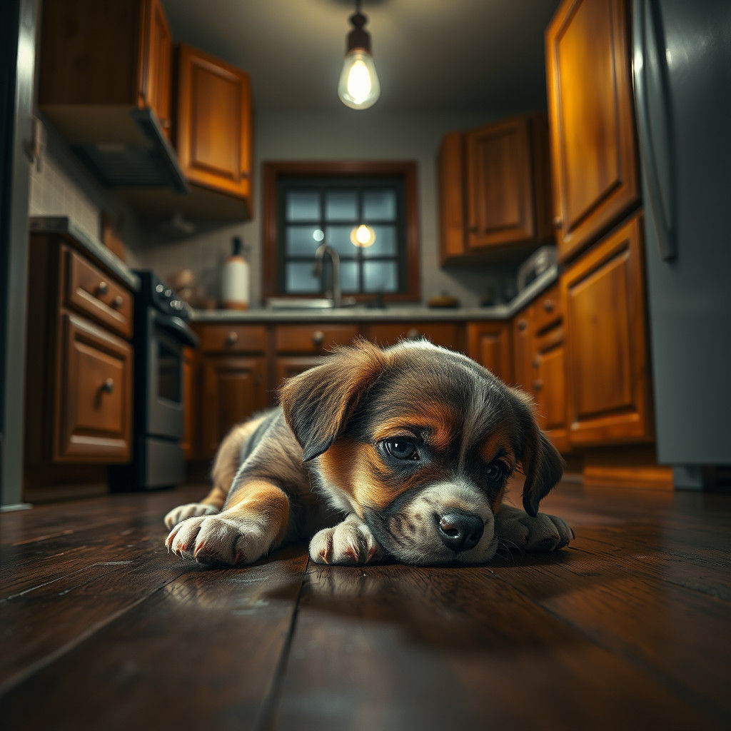 Sad Puppy in Dim Kitchen, Photorealistic Style