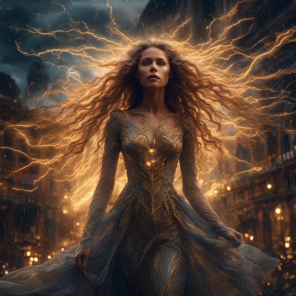 Attractive Woman in Lightning Sky: Hyperreal Digital Art