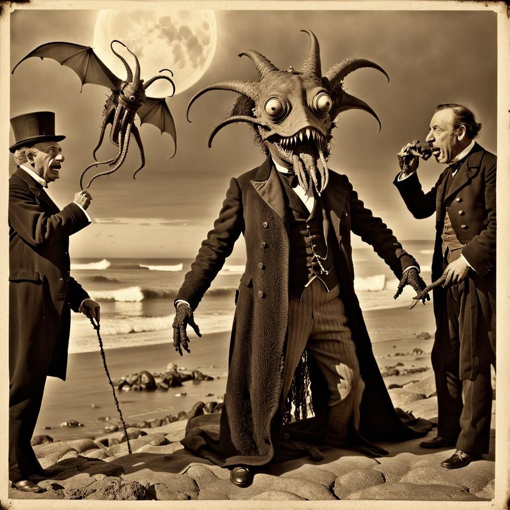 Sepia Photo of Lovecraftian Monster with Victorians