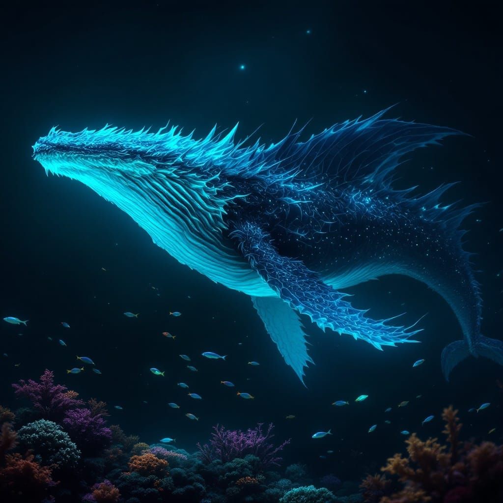 Ethereal Whale-Dragon Hybrid in Turquoise Bioluminescence