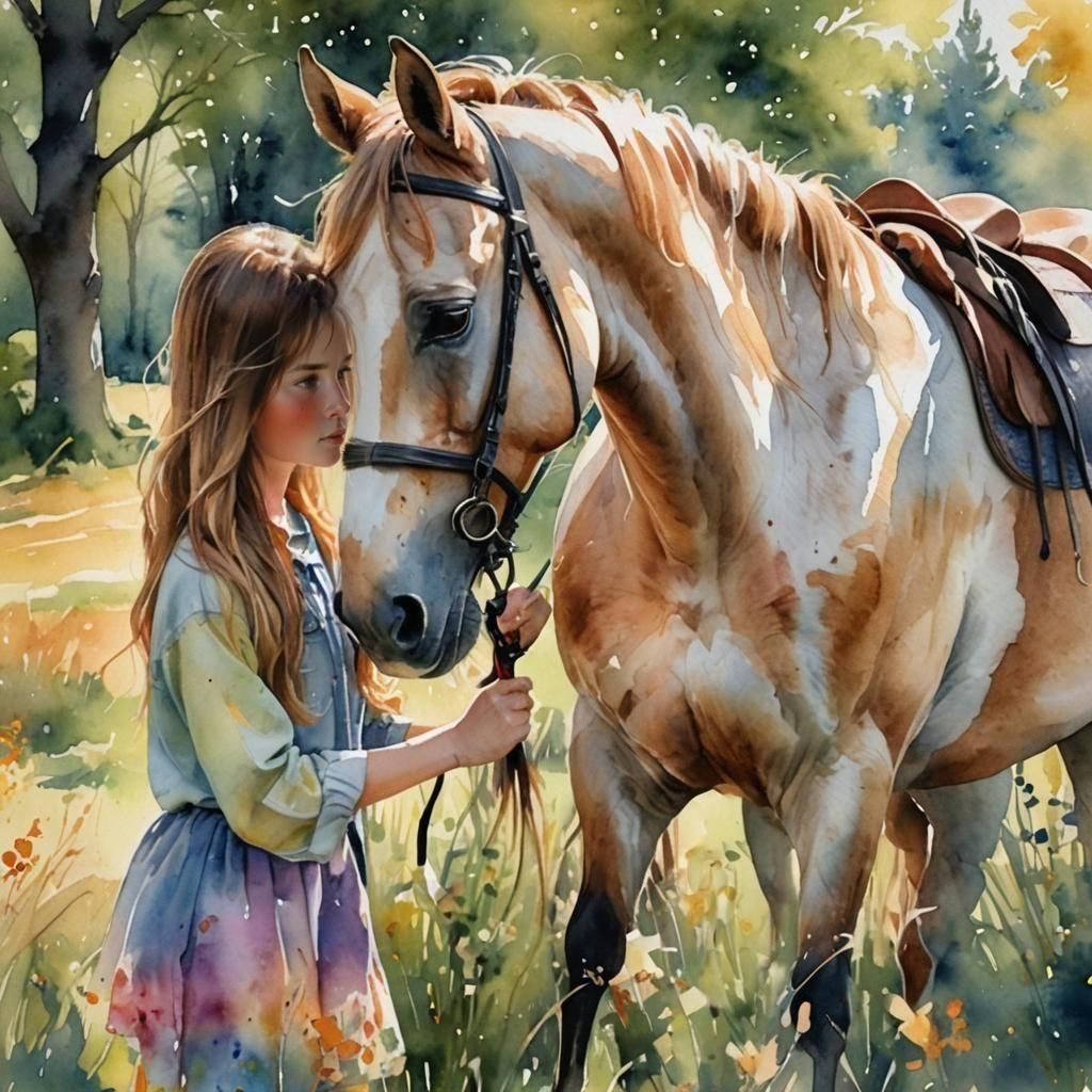 Girl Brushing Horse in Modern Watercolor Style