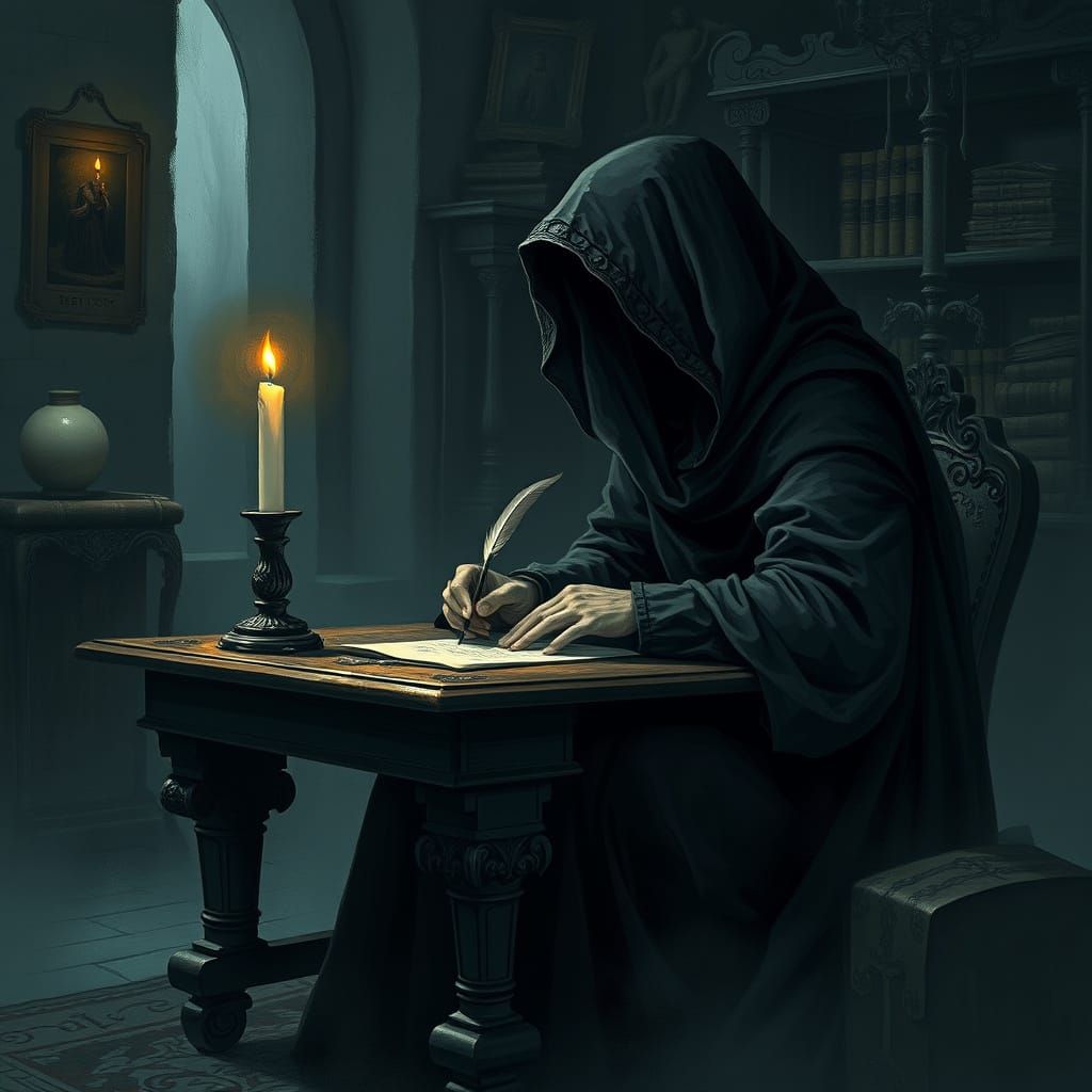 Enigmatic Scribe in a Haunting, Gothic Study