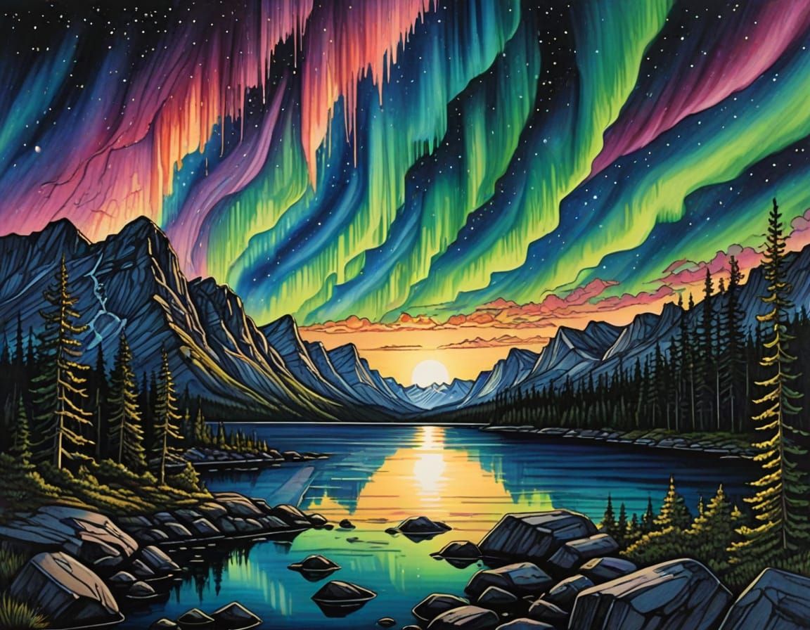 Detailed Ink Drawing of the Aurora Borealis