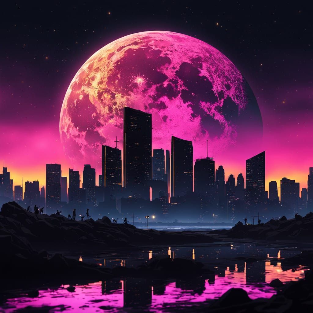 Surreal Cityscape at Sunset with Full Moon