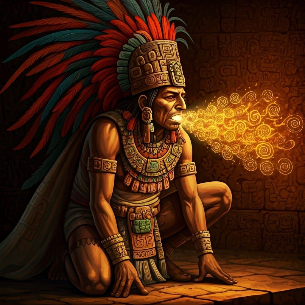 Ancient Maya Priest Emitting Glyphs in Fresco Style