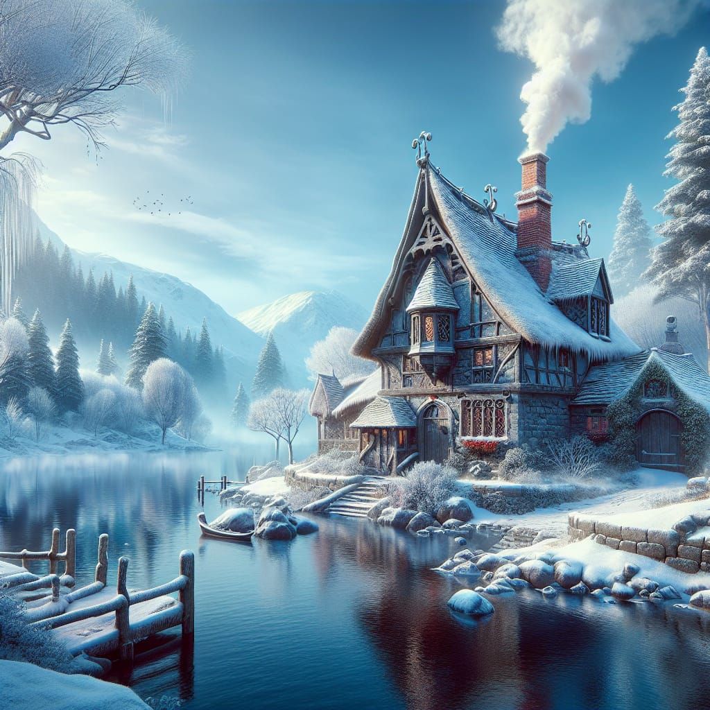 Winter Wonderland: Cobblestone House by Frozen Lake