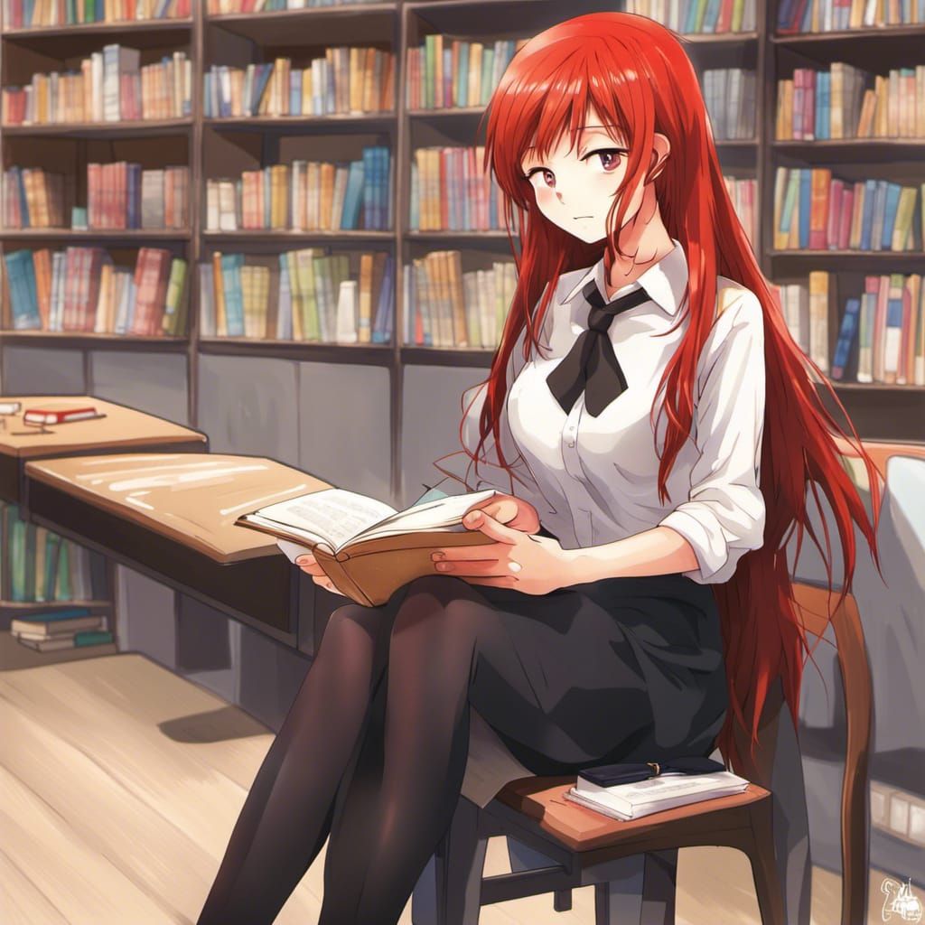 Anime-Style Red-Haired Girl in Classroom