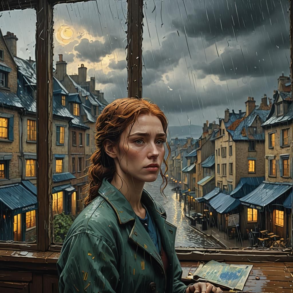 Rainy Day Woman in Van Gogh Style