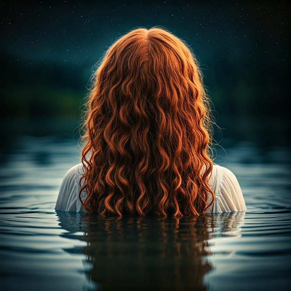 Ethereal Redhead in Starry Lake, Cinematic Aesthetic