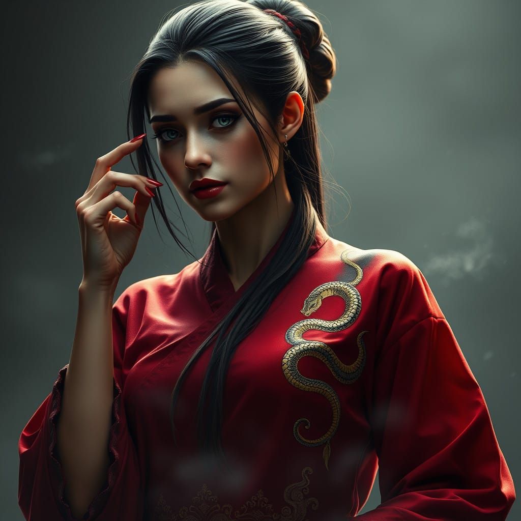 Enchantress in Crimson Kajira Attire with Serpent Tattoo