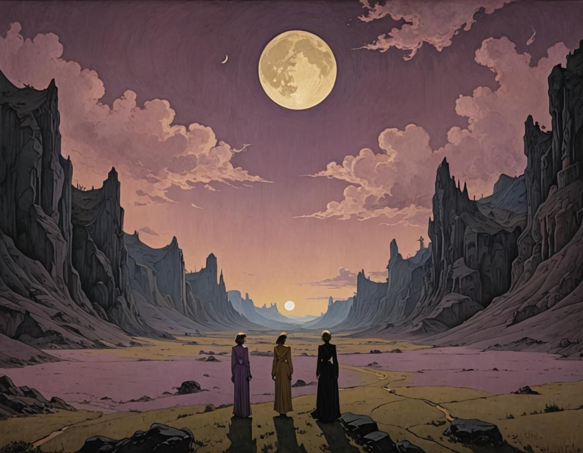 Symbolist Landscape with Crescent Moon Clouds