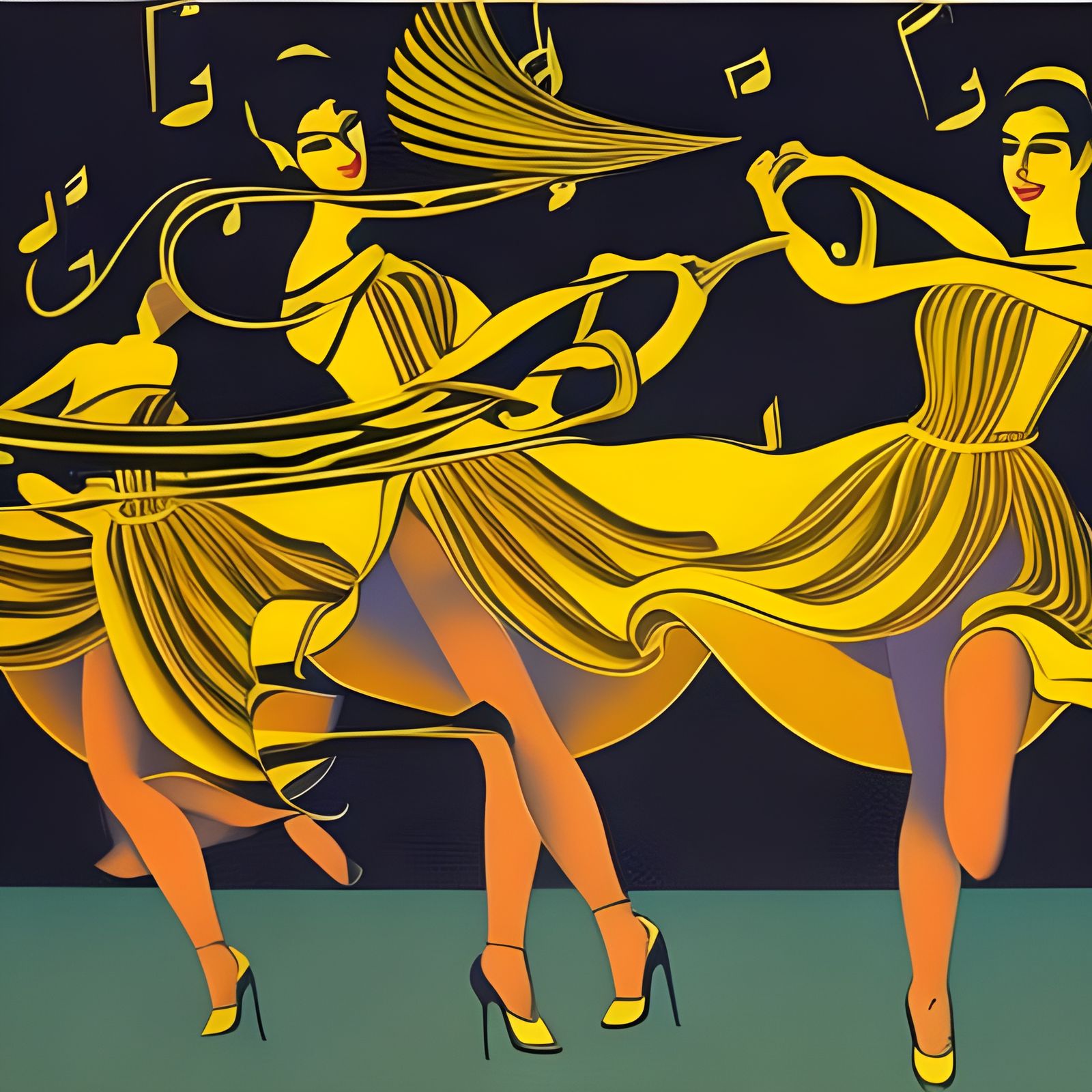 Comic Tango Dance in Gold Dresses Abstract Art