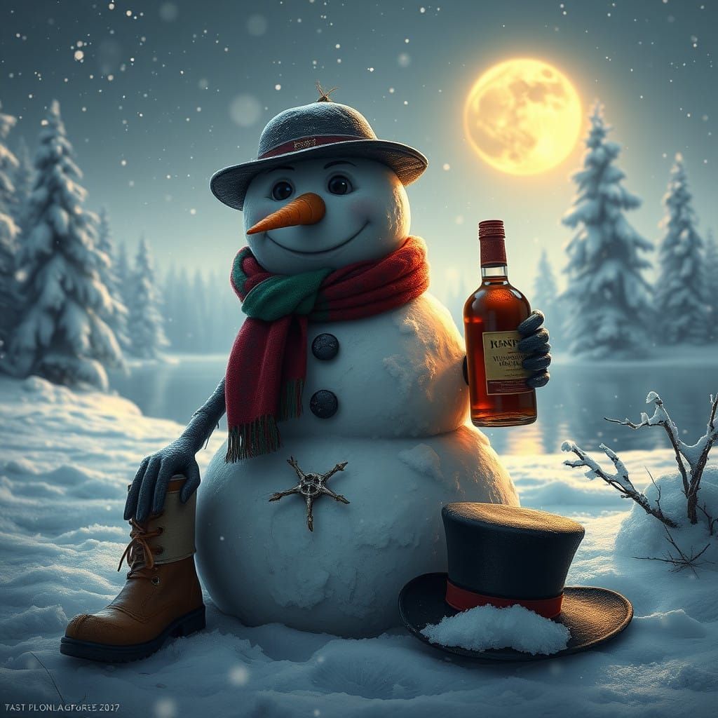 Drunken Snowman in Whimsical Winter Wonderland