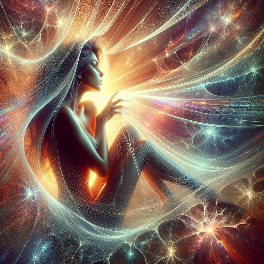 Woman in Spider Silk: Hyperrealistic Digital Illustration