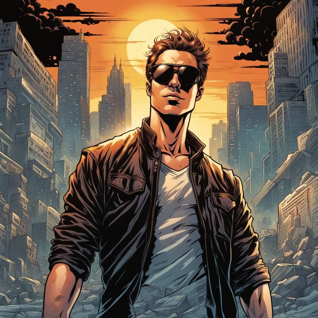 Sunglasses Man in Rising Sun Comic Book Art
