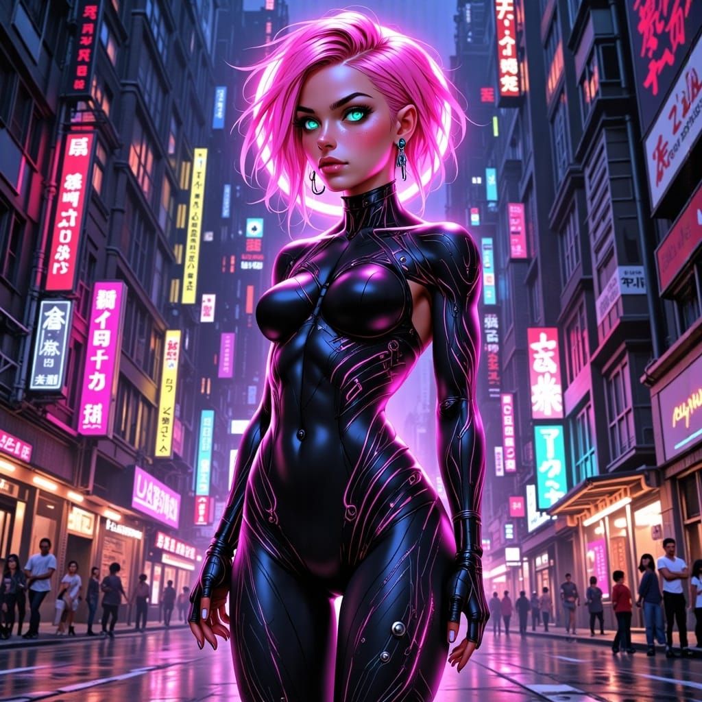 Neon Woman in Futuristic Cityscape, Cyberpunk Style