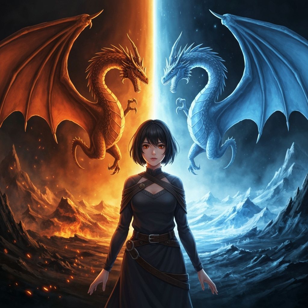 Anime Woman Between Ice and Fire Realms with Dragons