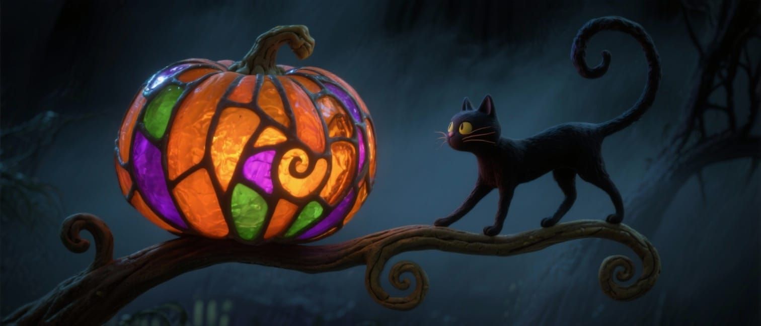 Tim Burton-inspired claymation scene of a whimsical stained-glass pumpkin glowing from within, its panels in eerie jewel...