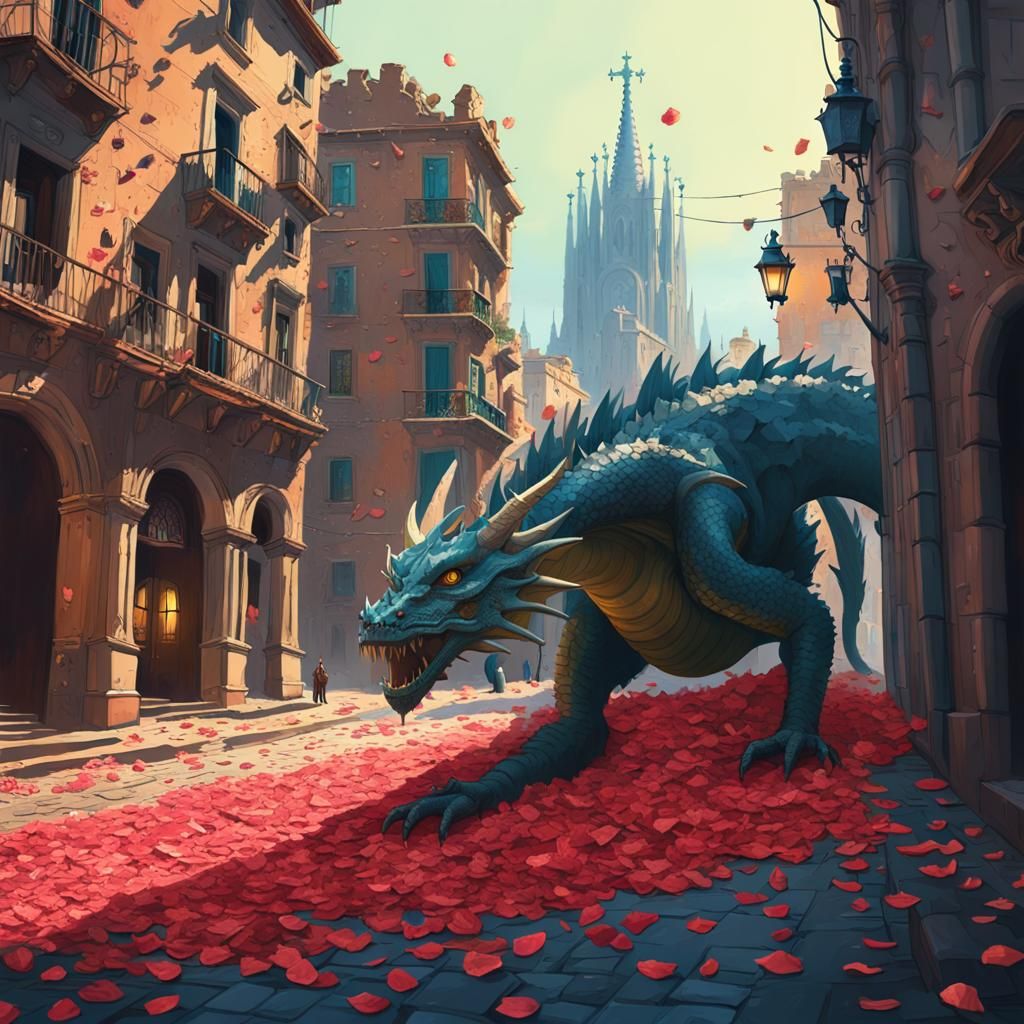 Majestic Dragon in Ruined Barcelona, Dreamlike Quality