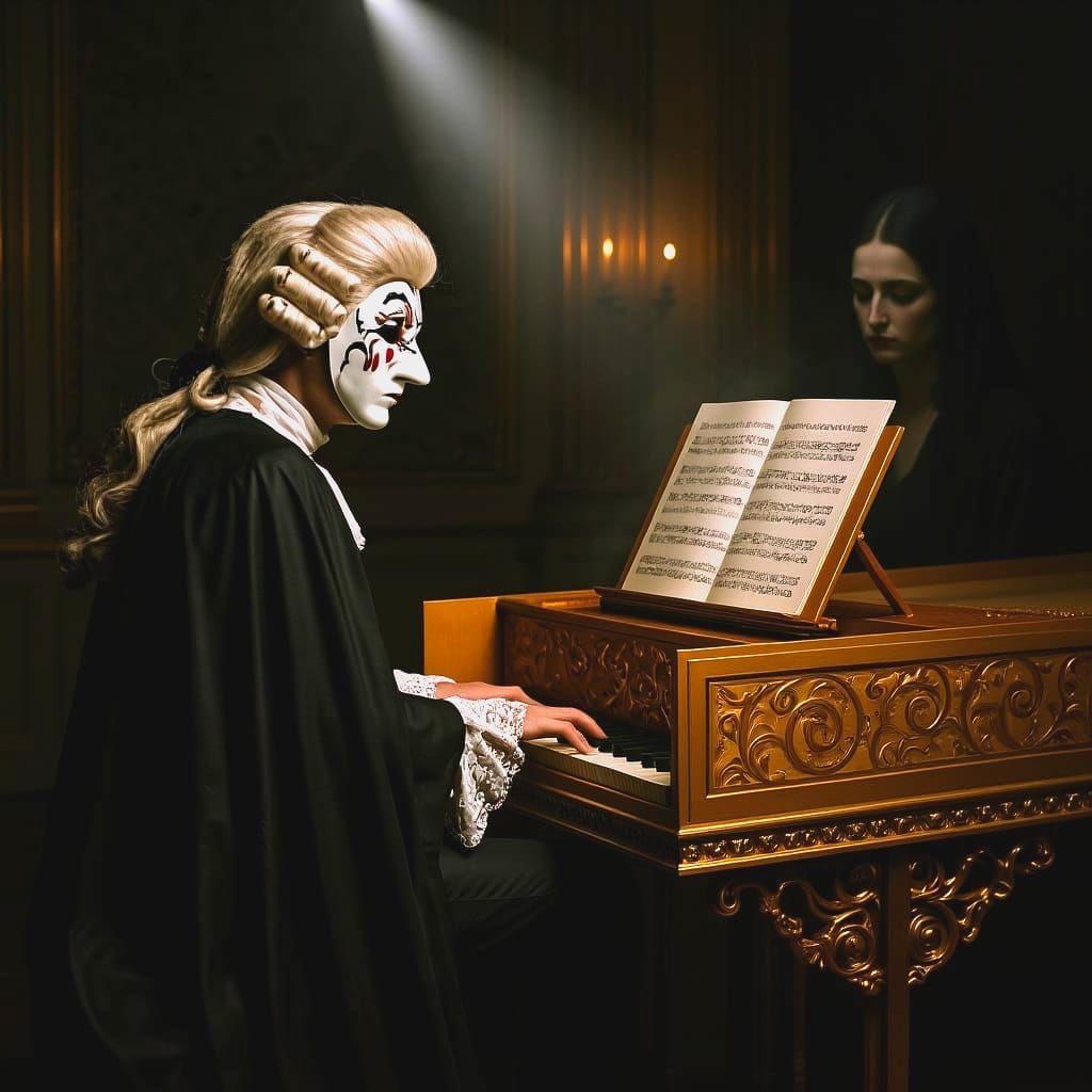 Masked Harpsichord Player in Baroque Spotlight