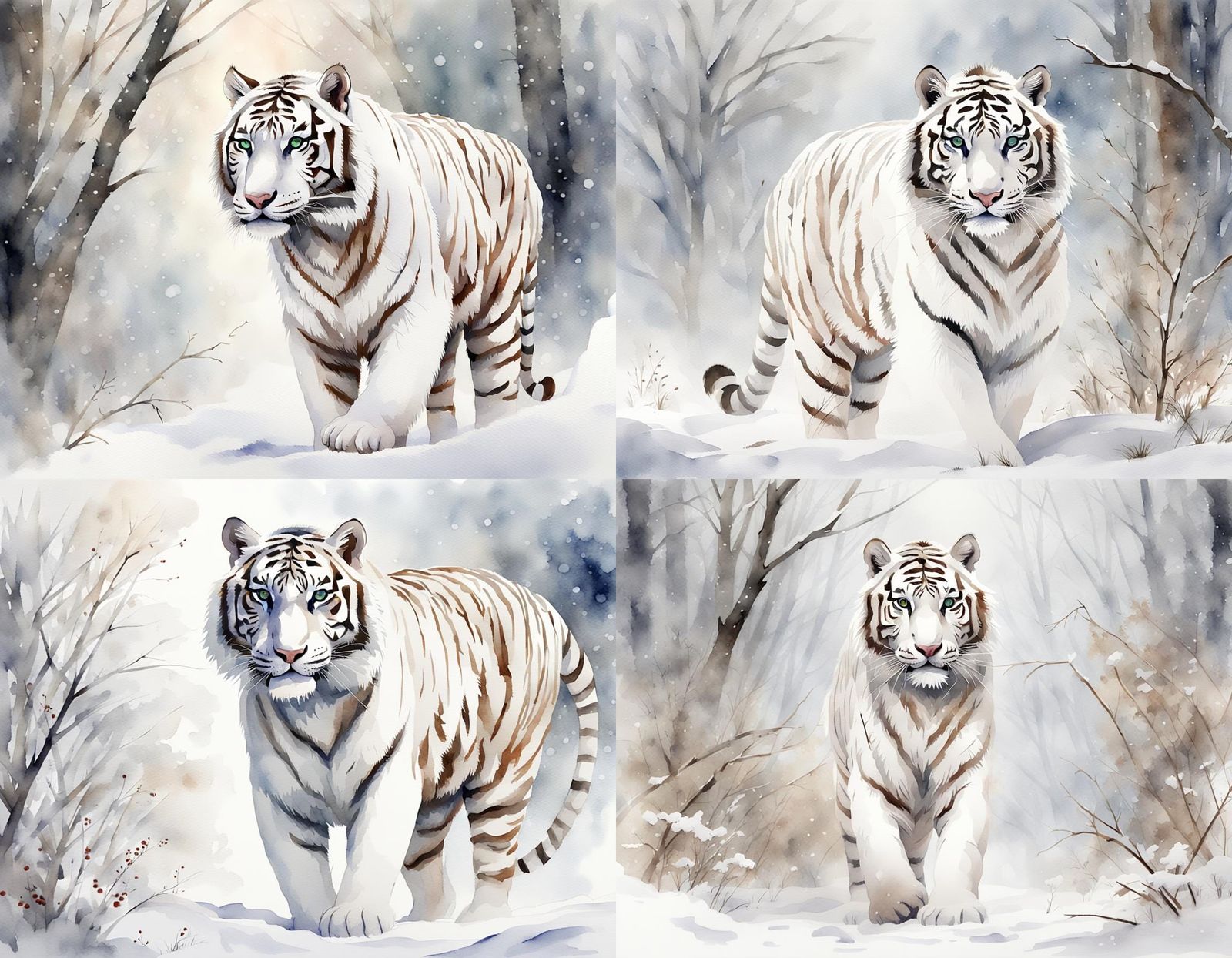 Watercolor White Tiger in Snowy Scene