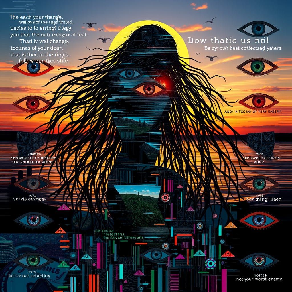 Glitch Art Sunset Scene with Kneeling Woman