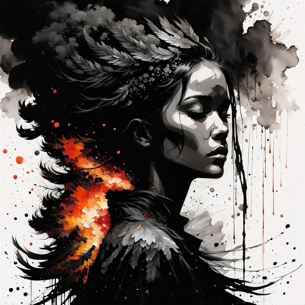 Monochrome Lava Phoenix Portrait in Watercolor Style