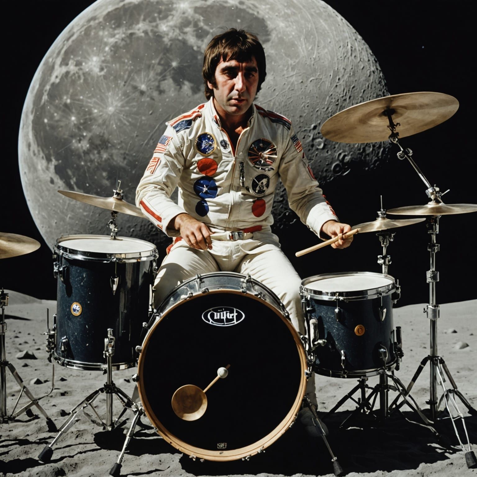 Keith Moon Drumming on the Moon in Hyperrealistic Style