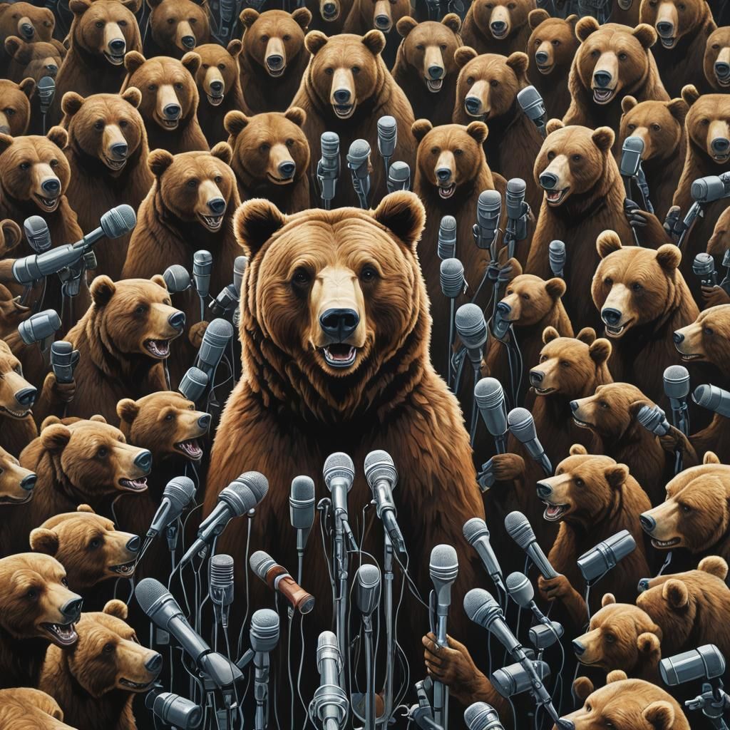 Brown Bear Public Speaking, Surreal Gouache Art