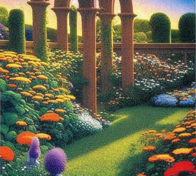 Sunrise Garden with Gothic Archways in Art Nouveau Style