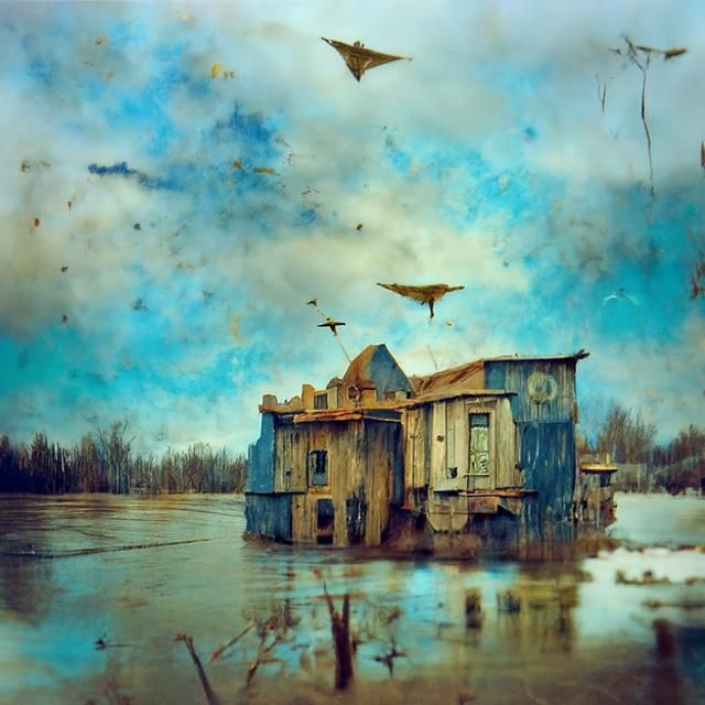 House Floats Away in Flood: Washed Pastel Watercolor