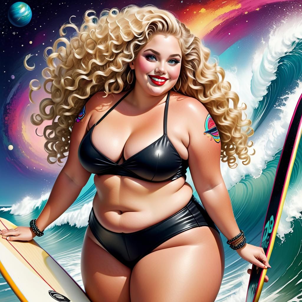 Curvy Woman Surfing in Space