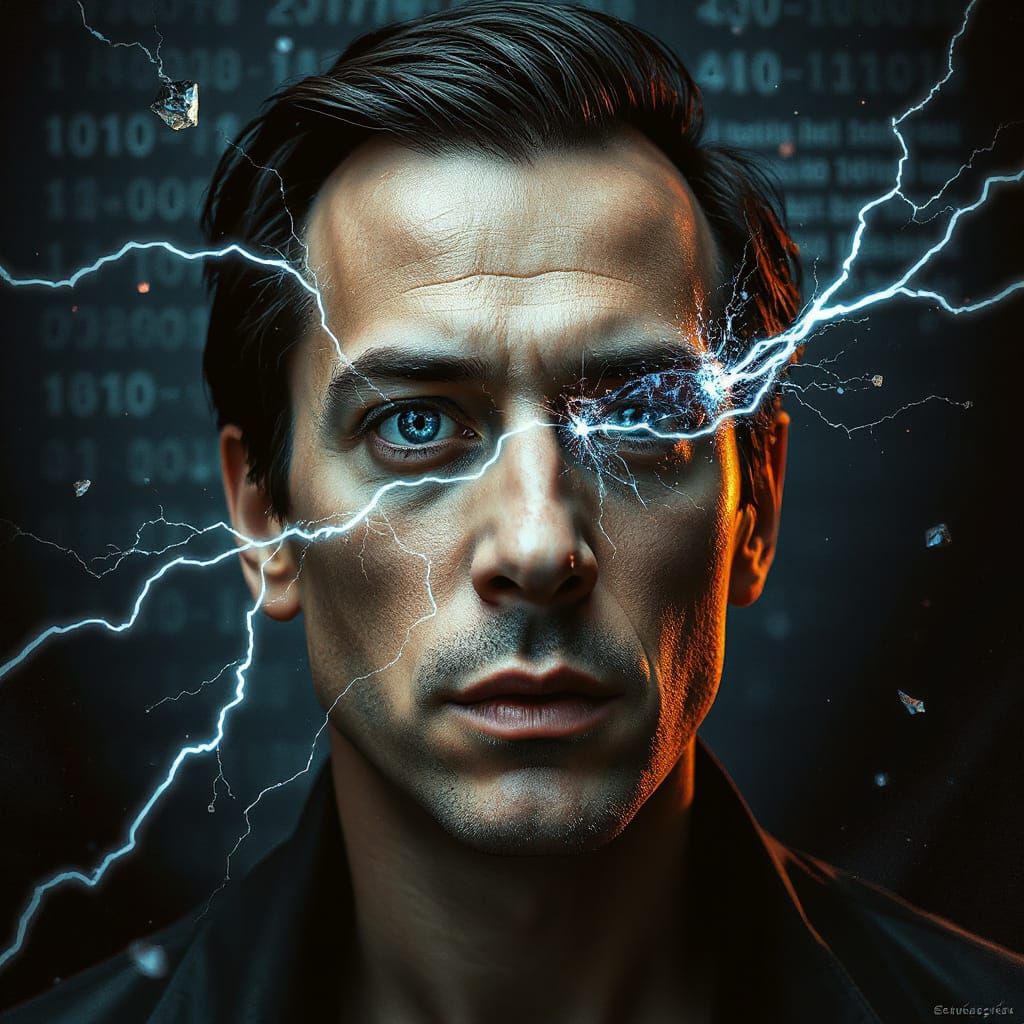 Cyberpunk Portrait: Man Melting into Digital Static
