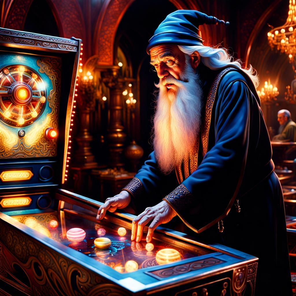 Wizard Playing Pinball in a Maximalist Digital Painting