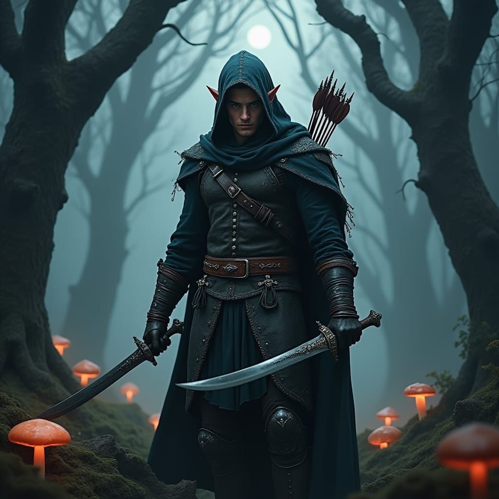 Mystical Elf Ranger in Fog-Shrouded Forest