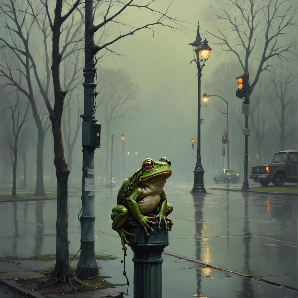 Frog on a Luminous Lamppost in a Darkened City
