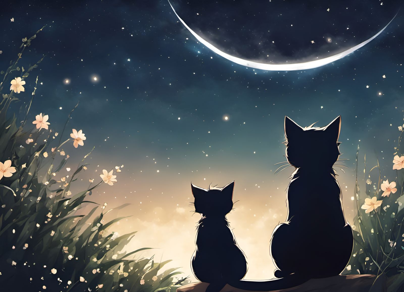 Anime Cat Gazing at Stars by Moonlight